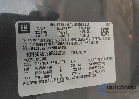 2011 Chevrolet Tahoe Ls из США, поврежденный, VIN 1GNSCAE03BR282705